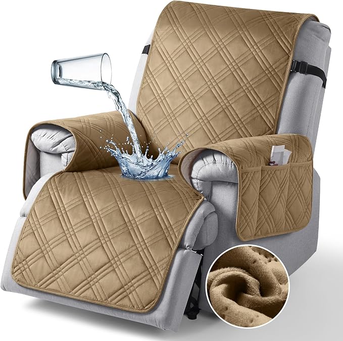 TAOCOCO 100% Waterproof Recliner Chair Cover, Recliner Covers for Recliner Chair with Pocket, Non Slip Reclining Chair Cover Furniture Protector for Kids, Pets(30'', Khaki-Velvet)