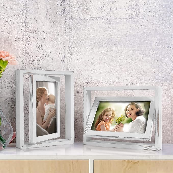 Egofine 2 Pack 5x7 Rotating Floating Picture Frames,Double-Sided Display with HD Glass Front Wooden Distressed Frame for Vertical or Horizontal Tabletop Display, White