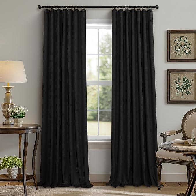 Pitalk Black Out Curtains 108 Inch Long 2 Panels Gothic Elegant Modern Linen Textured Drapes for Living Room Darkening Summer Heat Winter Cold Blocking 100% Blackout Curtain Window 108 Length Back Tab