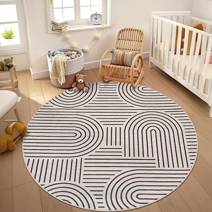 Washable Rug 4ft Area Rugs for Living Room, Abstract Rug for Bedroom, Soft Rainbow Non Slip Throw Rugs with Rubber Back, Low Pile Stain Resistant Boho Geometric Carpet for Dining Room,LightCamel