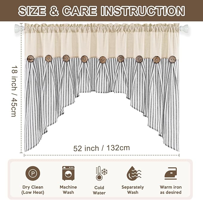 ASPMIZ Farmhouse Cotton Linen Swag Valances for Windows, Boho Kitchen Curtains Valances with Rustic Buttons, Grey Striped Window Treatments Curtain Valance for Bathroom Cafe, 61 x 36 Inch, 1 Panel