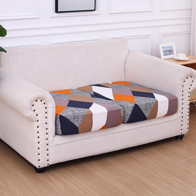 hyha Printed Couch Cushion Covers, Floral Sofa Covers Washable for 2 Cushion Couch, Stretch Pattern Outdoor Cushion Covers for Patio Furniture with Elastic Bottom(2 Packs, Colored Blocks)