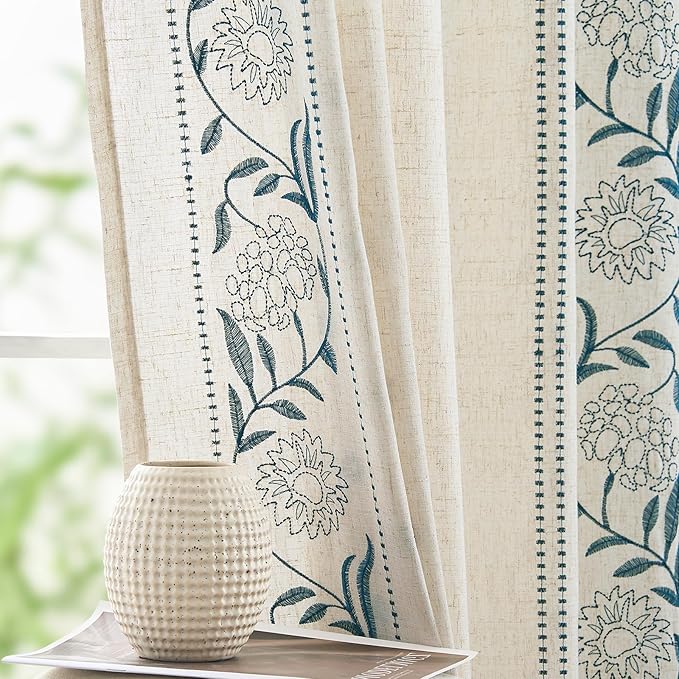 jinchan Winslow 96 Inch Curtains 4 Panel Set Embroidered Bordered Floral Curtains for Living Room Farmhouse Decor Light Filtering Window Treatments Blue on Beige Drapes 4 Panels