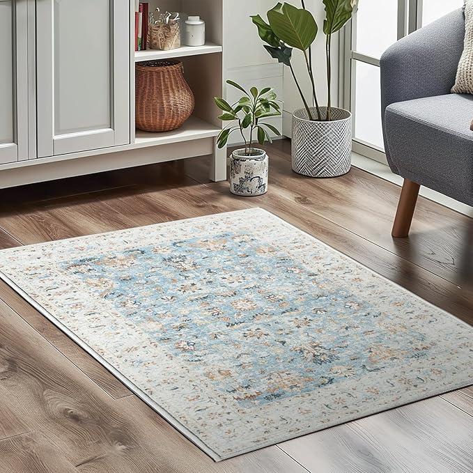 jinchan Area Rug 3x5 Entryway Rug - Washable Vintage Boho Floral Floor Cover Lightweight Low Pile Indoor Doormat Thin Non-Slip Carpet for Kitchen Living Room Bedroom Dining Room Office Light Blue