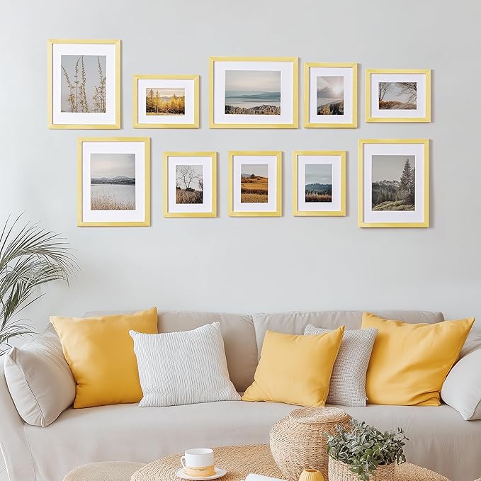 eletecpro 11x14 Picture Frames Set of 10, Picture Frame Collage Wall Decor Display 8x10 Photo with Mat or 11x14 without Mat, Home Decor Gallery Wall Frame for Wall Mounting, Gold