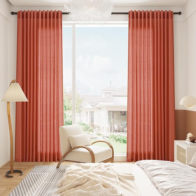 Nanspring Coral Linen Curtains 90 Inch Length 2 Panel Set Back Tab Rod Pocket Semi Sheer Light Filtering Neutral Boho Farmhouse Lightweight Drapes for Bedroom and Living Room 52x90
