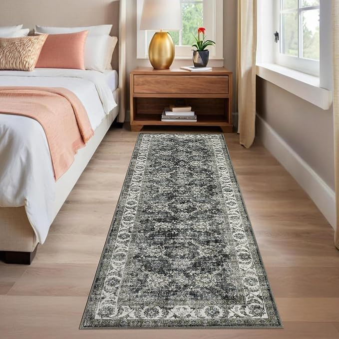 GarveeHome Washable Runner Rug 2x6 Vintage Carpet Runner with Non Slip Backing Foldable Non Shedding Retro Accent Rug Low Pile Distressed Throw Rug for Hallway Office Bedroom, Grey