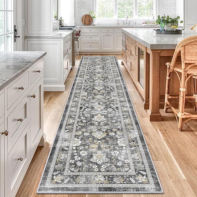 LOKHOM Washable Runner Rug, 2x10 Non-Slip Vintage Farmhouse Hallway Runner Rug with Rubber Backing, Boho Soft Faux Wool Kitchen Rug Carpet Runner for Kitchen Laundry Entryway Bedroom (Charcoal Grey)