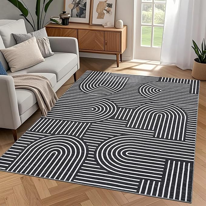 ROYHOME Washable Rug 8x10 Area Rugs for Living Room, Abstract Rug for Bedroom, Soft Rainbow Non Slip Throw Rugs with Rubber Back, Low Pile Stain Resistant Boho Geometric Carpet for Dining Room, Black