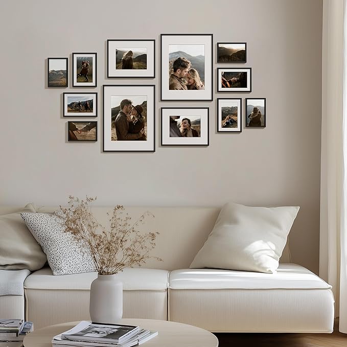 eletecpro Aluminum Gallery Wall Frame Set of 12, Including 2Pcs 11x14, 2Pcs 8x10, 4Pcs 5x7, 4Pcs 4x6 Photo Frames for Wall or Tabletop Display, Multiple Sizes Picture Frames Collage Wall Decor, Black