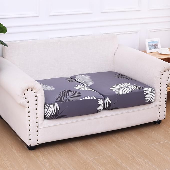 hyha Printed Couch Cushion Covers, Floral Sofa Covers Washable for 2 Cushion Couch, Stretch Pattern Outdoor Cushion Covers for Patio Furniture with Elastic Bottom(2 Packs, Grey Feathers)