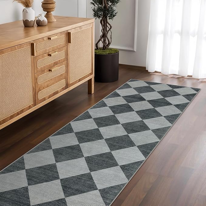 Beeiva Checkered Print Hallway Rug 2x6, Ultra Thin Kitchen Rug Runner Non Slip Washable Carpet Runners for Hallway 6ft, Modern Diamond Stain Resistant Floor Carpet for Bathroom Bedroom Entryway