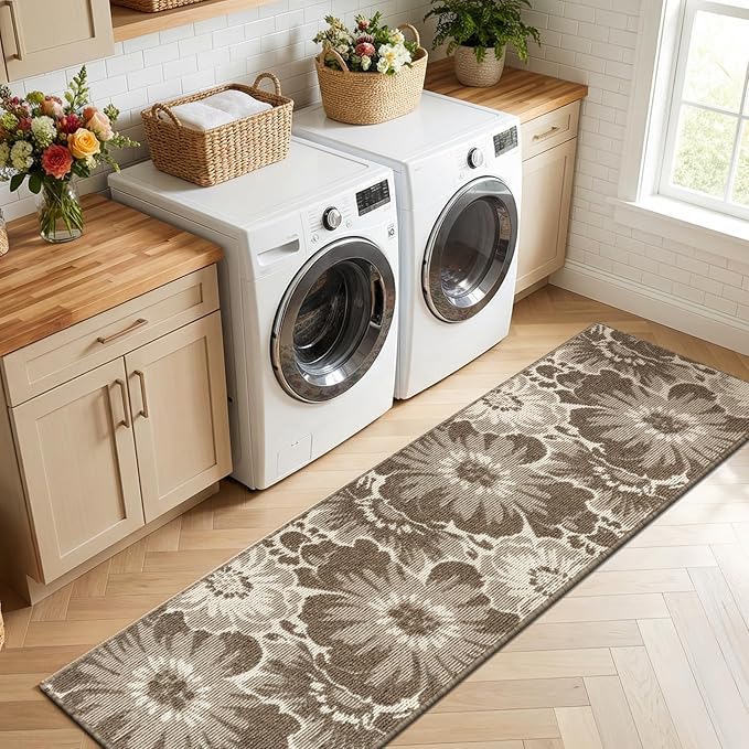Findosom Hallway Runner Rug 2x8, Non Slip High-Low Textured Floral Washable Runner Rug with Rubber Backing, Boho Carpet Runner for Kitchen, Entryway, Bedroom, Laundry, Brown