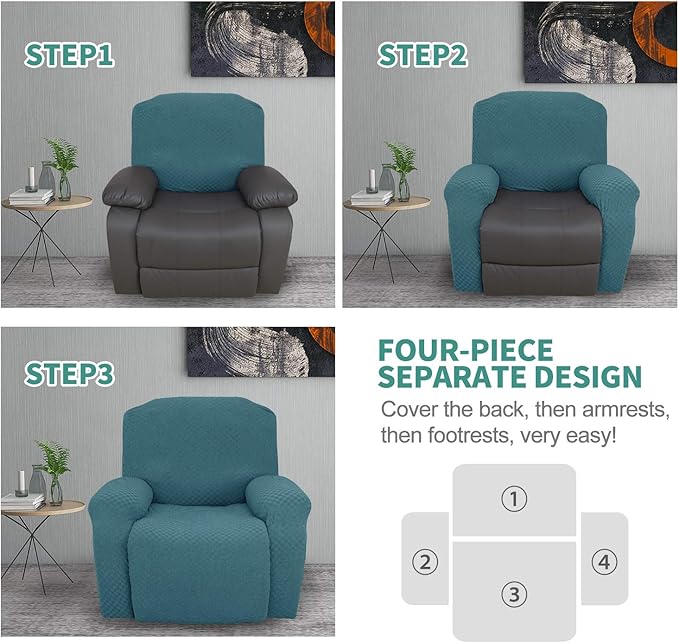 YEMYHOM 4 Pieces Stretch Recliner Slipcover Latest Jacquard Recliner Chair Cover with Side Pocket Anti-Slip Fitted Recliner Cover Couch Furniture Protector with Elastic Bottom (Recliner, Peacock Blue)