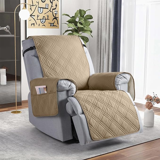 TAOCOCO Waterproof Recliner Chair Cover, Non Slip Oversized Recliner Covers for Recliner Chair with Pocket, Reclining Chair Cover Furniture Protector for Kids, Dogs(28'', Camel)