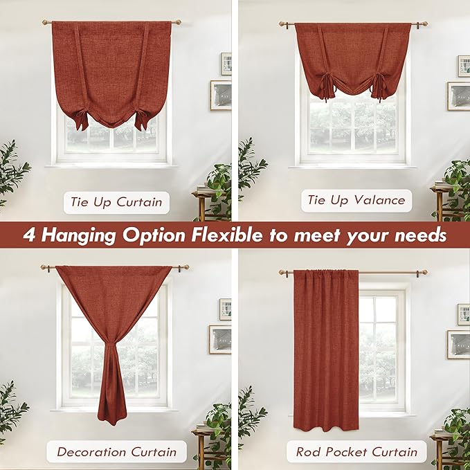 DriftAway Double Layer Linen Blackout Tie Up Curtains Thermal Insulated Fully Lined Balloon Roman Shade Bathroom Window Adjustable Rod Pocket for Small Window 31 Inch by 47 Inch Burnt Orange