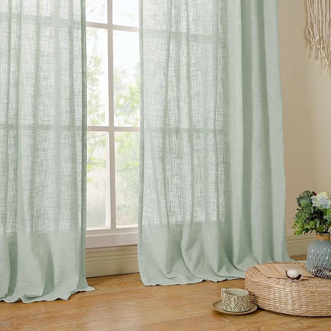 LAMIT Light Sage Linen Sheer Curtains for Bedroom, Faux Linen Textured Light Filtering Drapes Back Tab and Rod Pocket Boho Burlap Panels for Farmhouse/Living Room, 2 Panels, 52 x 84 Inch
