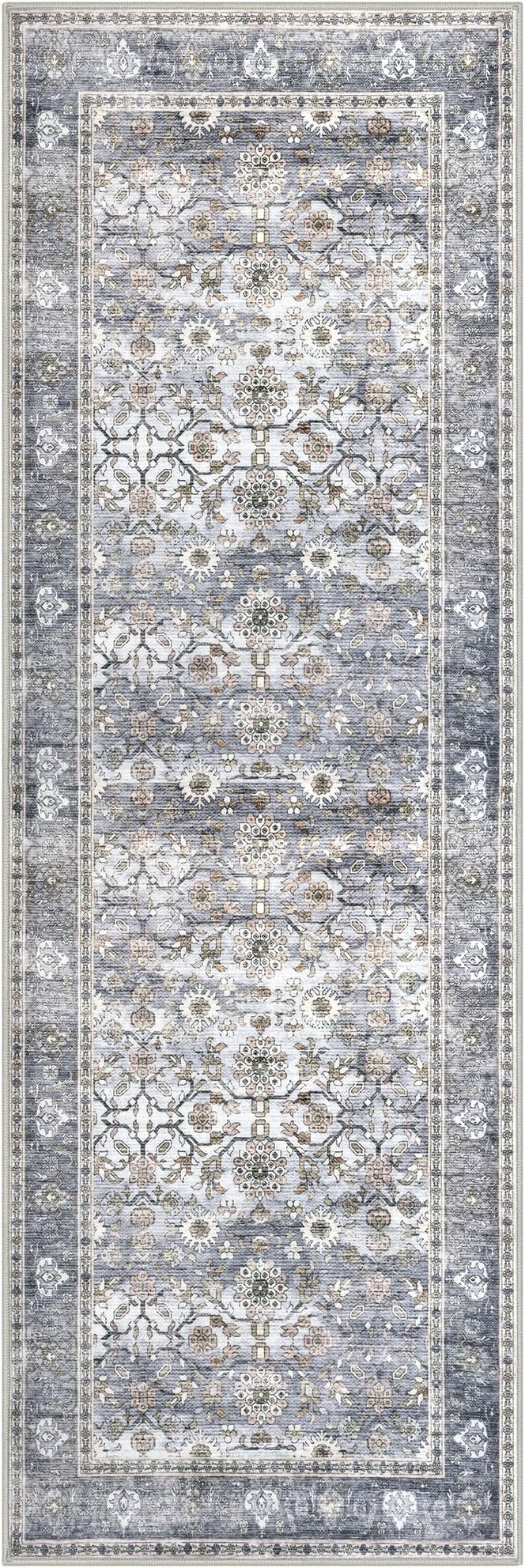 KUTA Vintage Floral Washable Hallway Runner, 2x6 Runners for Hallways Non-Slip Kitchen Rugs Grey Blue Ultra Thin Soft Printed Distressed Oriental Floor Carpet for Laundry Bedroom Living Room Nursery