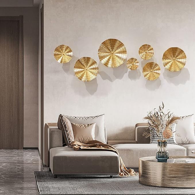 Gold Wall Decor for Living Room Hallway, 7PCS Metal Wall Art Hanging Sculptures Bedroom Decoration, 3D Metal Leaf Accent with 5 Sizes, Large Modern Artwork for Home Office Bathroom Kitchen