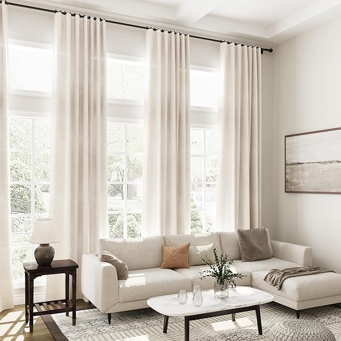 Extra Long Curtain 108 inches Long 2 Panels Set Back Tab Beige Linen Drapes for Living Room Neutral Farmhouse Light Filtering Semi Sheer Linen Curtains 108 inch Length for Large Window Tan 9 FT