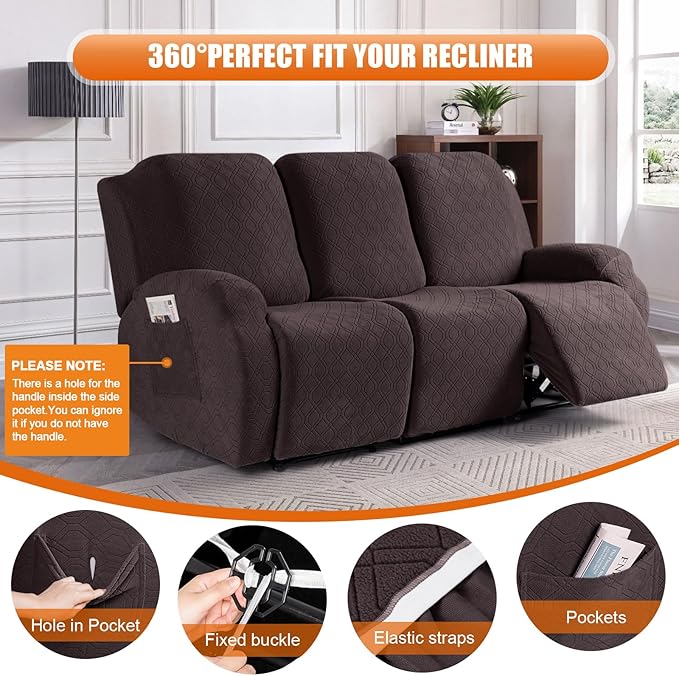 VANSOFY Recliner Sofa Covers, 3-Pieces Stretch Reclining Couch Covers with Pockets Reclining Couch Slipcovers 3 Seater Soft Washable Furniture Protector for Dogs Cats(Chocolate)