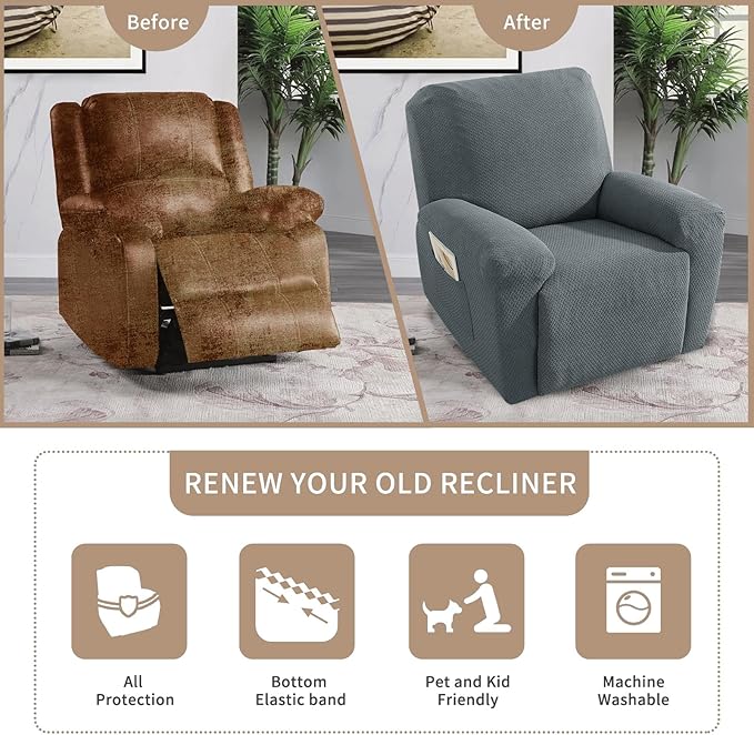JIVINER 4-Piece Recliner Chair Covers Stretch Jacquard Covers for Reclining Chair Recliner Slipcovers for Living Room Soft Recliner Protector with Pocket (Recliner, Light Gray)