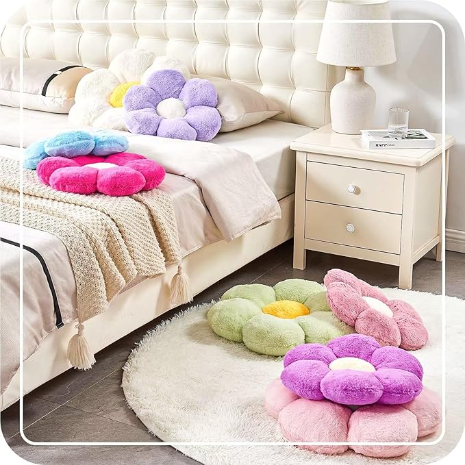 Kcvvcr Flower Pillow Cute Decorative Throw Pillow with Faux Rabbit Fur Soft Daisy Plush Floor Cushion Aesthetic Flower Shaped Pillow Home Decor for Bed Sofa Couch (Pink, 17.7 Inch)