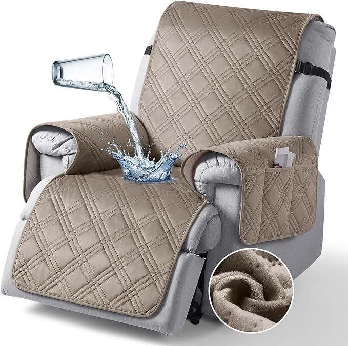 TAOCOCO 100% Waterproof Recliner Chair Cover, Recliner Covers for Recliner Chair with Pocket, Non Slip Reclining Chair Cover Furniture Protector for Kids, Pets(23.6'', Light Taupe-Velvet)