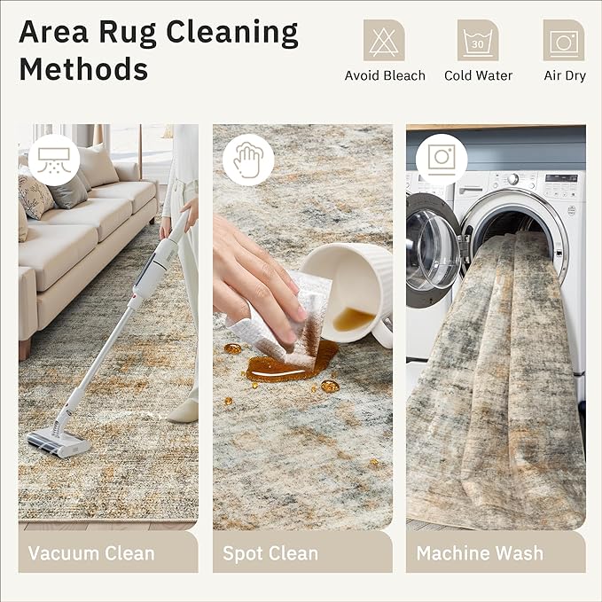 Soalmost 9x12 Area Rugs for Living Room, Non-Slip Machine Washable Vintage Rugs, Abstract Low Pile Lightweight Large Rug for Bedroom, Dining Room, Home Office Orange