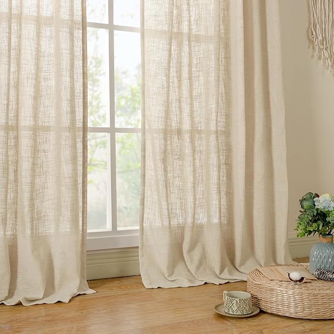 LAMIT Semi Sheer Window Linen Curtains 54 Inch Length, Light Filtering Panels Back Tab and Rod Pocket Neutral Drapes for Bedroom/Living Room, Linen, 2 Panels, 34 x 54 Inch