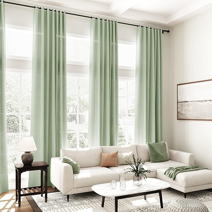 Mist Sage Linen Curtains 90 Inch Long 2 Panels Set for Bedroom Living Room Linen Textured Window Drapes Semi Sheer Light Filtering Rod Pocket Back Tab Cotton Textured Farmhouse Curtain 52x90
