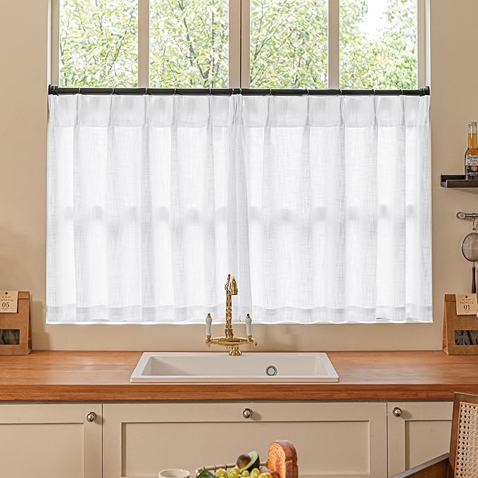 White Linen Kitchen Window Curtains 2 Panels Pinch Pleated Linen Cafe Curtains 24 Inch Length Light Filtering Semi Sheer Boho Snow White Short Tier Drapes for Small Window Basement Bathroom RV