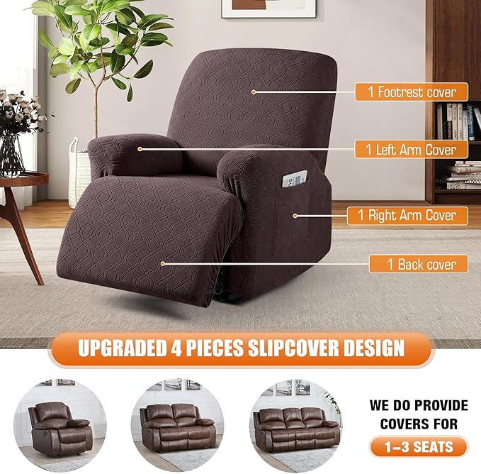 VANSOFY Oversized Recliner Chair Cover, 4-Pieces Stretch Recliner Covers for Recliner Chair Soft Reclining Chair Slipcover Jacquard Pattern Furniture Protector for Dogs Cats(Dark Coffee)