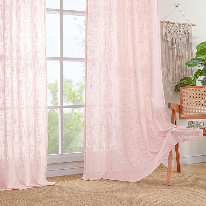 LAMIT Linen Curtains 90 Inch for Living Room, Back Tab and Rod Pocket Linen Textured Farmhouse Curtains Light Filtering Drapes for Bedroom/Dining Room, Pink, Set of 2, 52 x 90 Inch