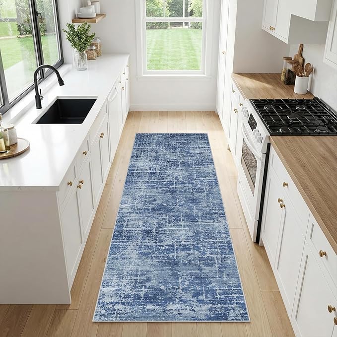 2x6 Washable Kitchen Runner Rug - Modern Abstract Neutral Carpet with Non-Slip Backing Low-Pile Stain-Resistant Thin Runners for Hallway Bathroom Bedroom Entryway (2x6, Blue)