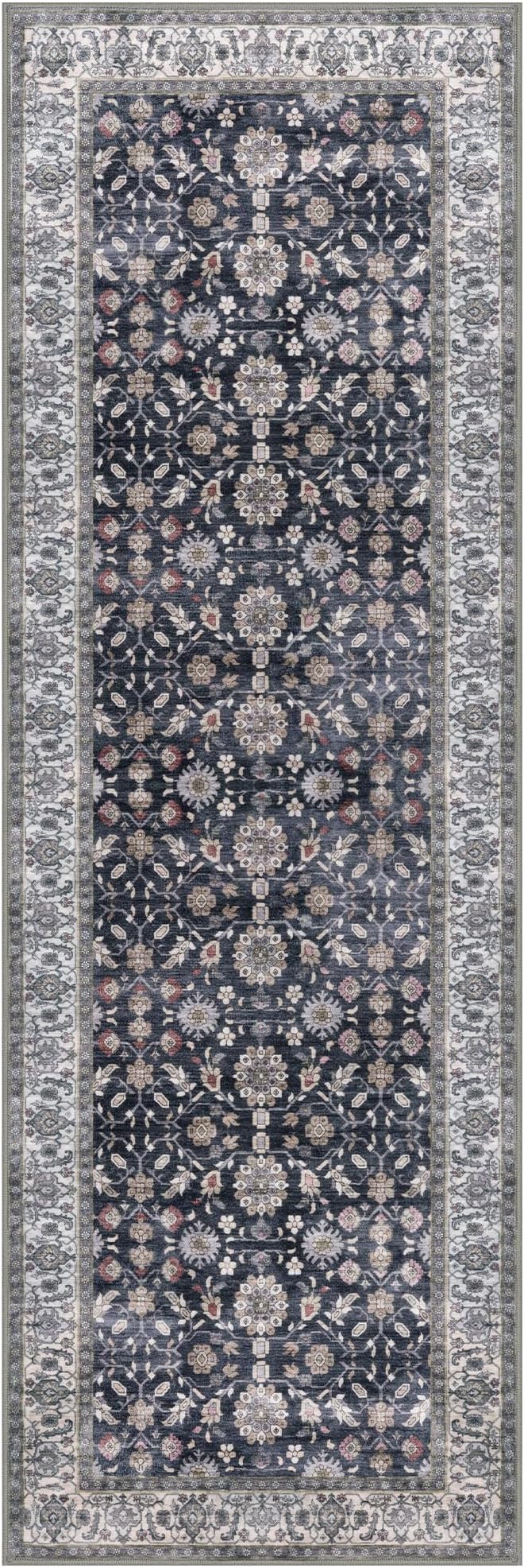 KUTA Runners for Hallways 2x6, Vintage Floral Rug Non-Slip Washable Kitchen Rugs Grey Black Beige Ultra Thin Soft Printed Distressed Flower Carpet Entryway Rugs for Bedroom Laundry Nursery