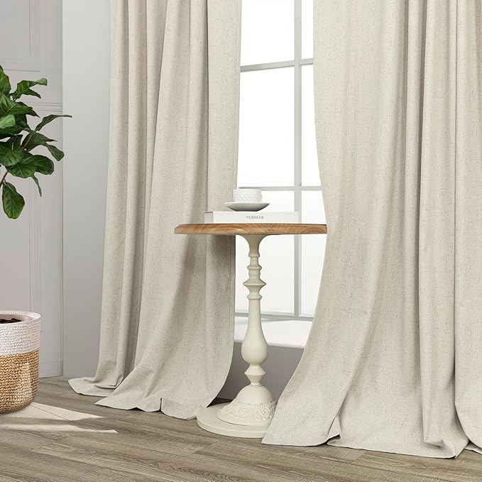 Linen Drapes for Living Room Darkening 100% Blackout Curtains 86 Inch Length 2 Panels Textured Black Out Thermal Insulated Rustic Farmhouse Country Window Curtain for Bedroom Back Tab 86 Long Beige
