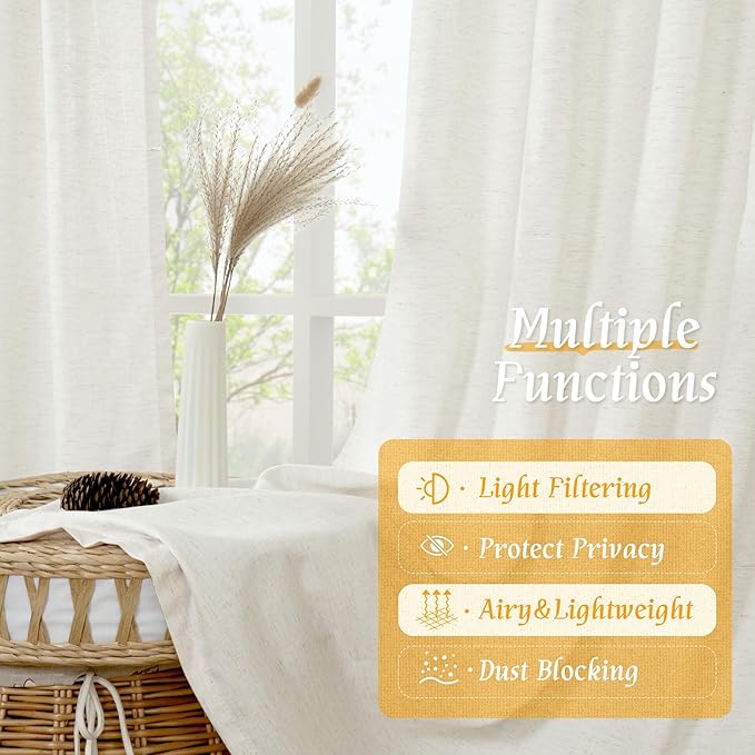 LAMIT Linen Semi Sheer Curtains 84 inch Long 2 Panels, Natural Ivory Soft Light Filtering Living Room Panels Rod Pocket Neutral Window Treatment Privacy Drapes for Bedroom/Farmhouse, 52 x 84 Inch