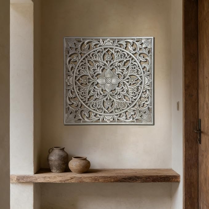 XIAOAIKA Boho Carved Wood Wall Sculpture, Intricate Floral Mandala Design with Distressed Silver Finish, Vintage Farmhouse Wall Art Panel with Solid Wood Frame for Bedroom Entryway (22" x 22")