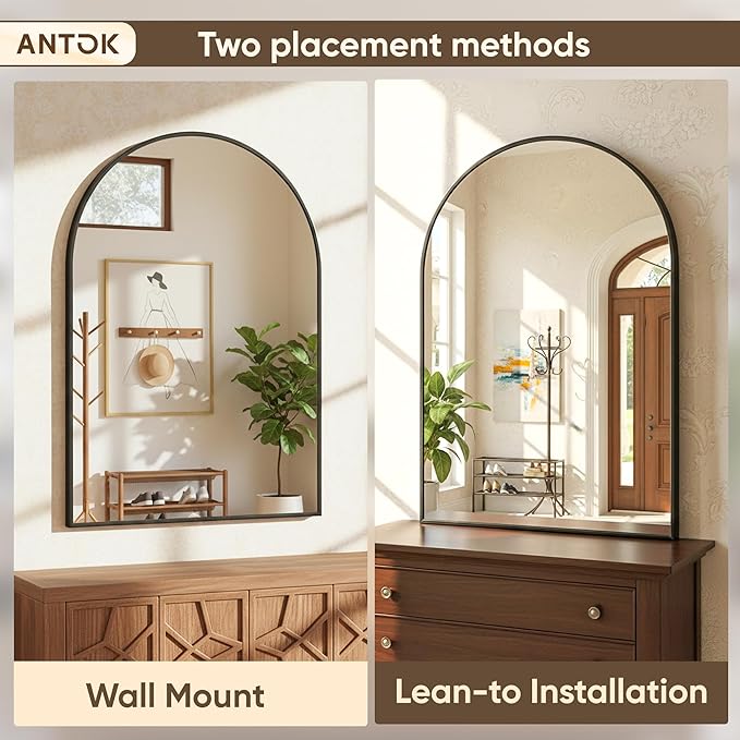 Antok Arched Bathroom Mirror, 30"x40" Wall Mounted Mirror, Vanity Mirrors for Over Sink, Aluminum Alloy Frame Bathroom Mirrors Living Room, Bedroom and Entryway, Black