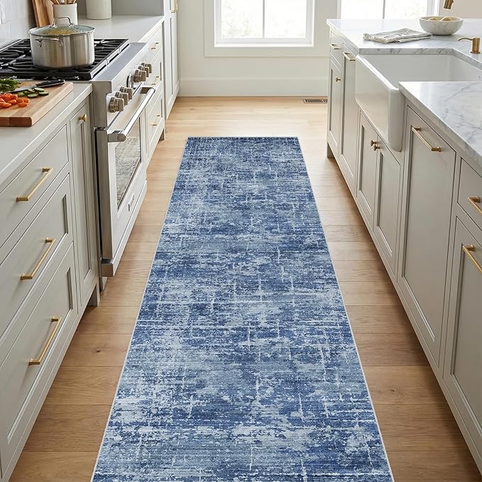 2x10 Washable Hallway Runner Rug - Modern Abstract Neutral Long Carpet with Non-Slip Backing Low-Pile Stain-Resistant Thin Runners for Kitchen Bathroom Bedroom Entryway (2x10, Blue)
