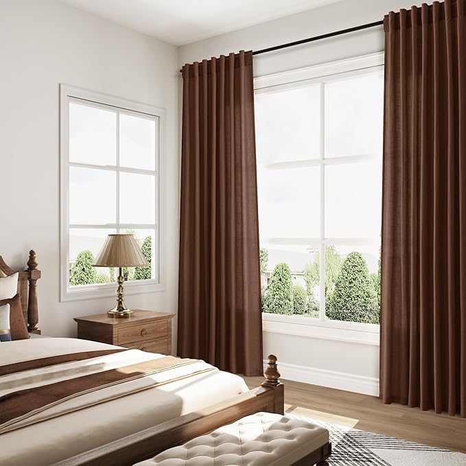 Extra Long Mocha Brown Linen Curtains 120 Inch for Living Room Rod Pocket Back Tab Light Filtering Semi Sheer Drapes Privacy High Ceiling Drapes for Vintage Rustic Farmhouse 52x120,2 Panels