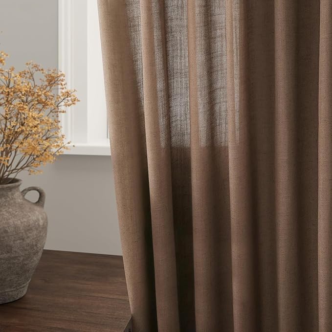 Caramel Brown Linen Curtains for Living Room 94 Inches Long Back Tab and Rod Pocket Light Filtering Semi Sheer Vintage Rustic Curtain Luxury Boho Decor Drapes for Bedroom Office 52x94, 2 Panels