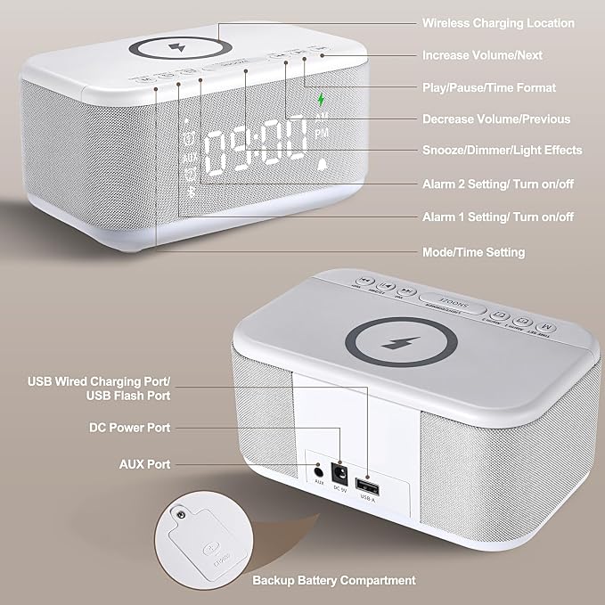 Alarm Clock Speaker Wireless Charger, Digital Alarm Clocks Bedrooms Bluetooth, Alarm Clock Dimmable Light Bedrooms Dual Alarm Snooze Dimmer 12 24H RGB Night Light Bluetooth USB AUX, White - Image 8
