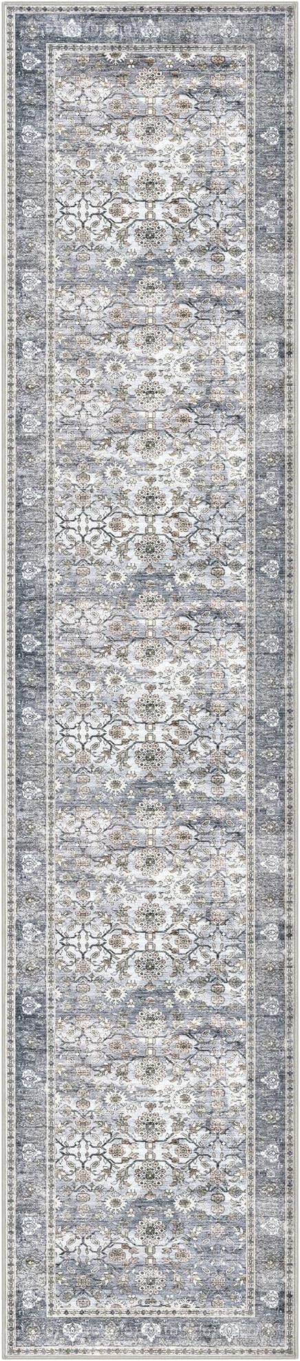 KUTA Vintage Long Runners for Hallways, 2.6x12 Grey Blue Washable Non-Slip Kitchen Rugs Ultra Thin Soft Printed Distressed Oriental Floral Floor Carpet for Laundry Bedroom Living Room Nursery