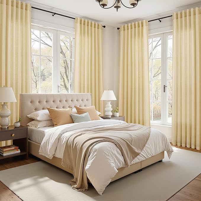 Nanspring Cream Yellow Curtains for Living Room 72 Inches Linen Blend Light Filtering Modern Farmhouse Semi Sheer Curtains Back Tab Privacy Neutral Curtain for Bedroom Office 52x72, 2 Panels