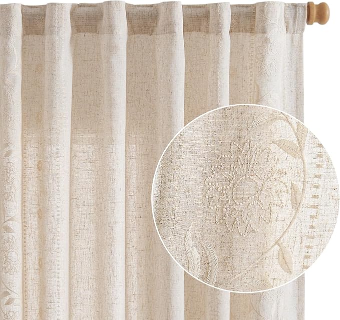 jinchan Winslow Linen Curtains for Bedroom 63 Inches Length Embroidered Bordered Floral Curtains for Living Room Farmhouse Decor Light Filtering Window Treatments Ivory on Beige Drapes 2 Panels