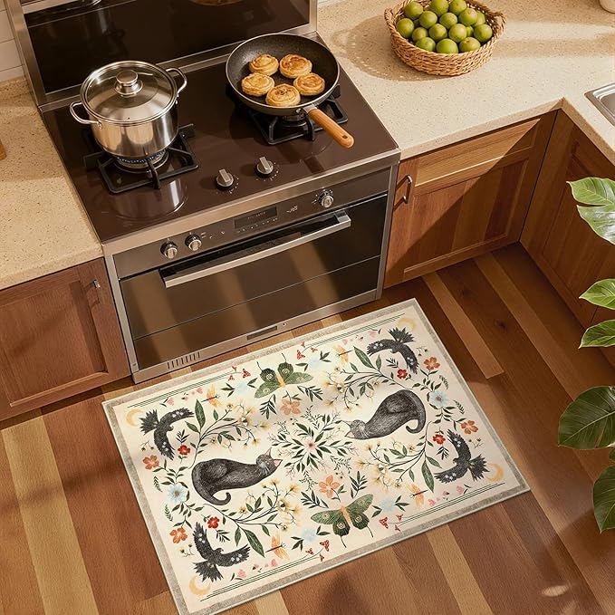 GarveeHome Cat Entryway Rug, 2x3 Mushroom Insect Beige Washable Front Door Rug Indoor Entrance Floral Carpet Non-Slip Low Pile Throw Rugs for Kitchen Floor, Powder Room, Entry, Bathroom, Kids Room