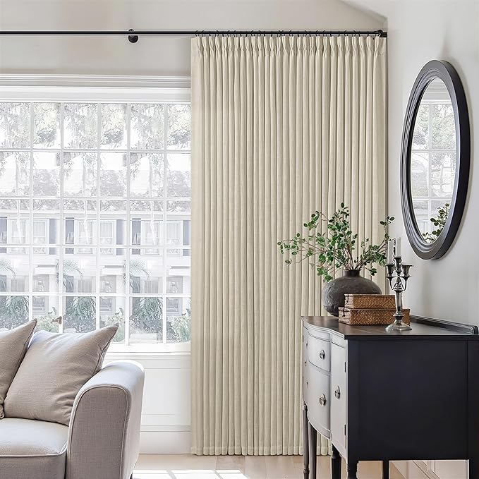 Beige Pleated Linen Curtains 105 Inches Long 2 Panels for Living Room Bedroom Memory Training Shaped Semi Sheer Neutral Flax Burlap Pinch Pleat Drapes Hooks Rings Light Filtering Window Curtain