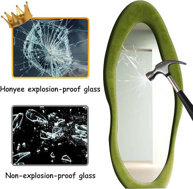 Honyee Full Length Mirror, 63" x 24" Wall Mirror, Flannel Wrapped Wooden Frame Floor Mirror, Irregular Wavy Mirror Hanging or Leaning Against Wall for Cloakroom/Bedroom/Living Room, Green
